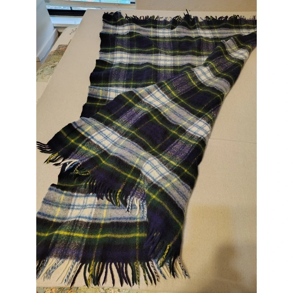Zoeppritz Lambswool Throw Blanket Blue Green Plaid Fringed Made in Germany 52x34